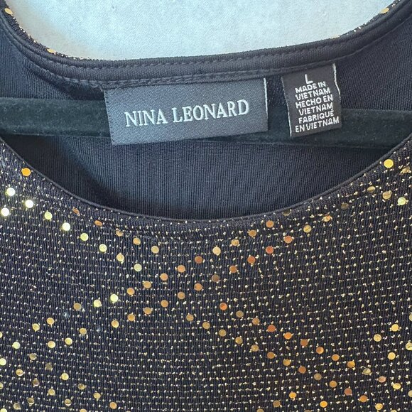 Nina Leonard Gold Glitter Midi Dress 3/4 Sleeve Gold and Black Size L - Picture 6 of 14